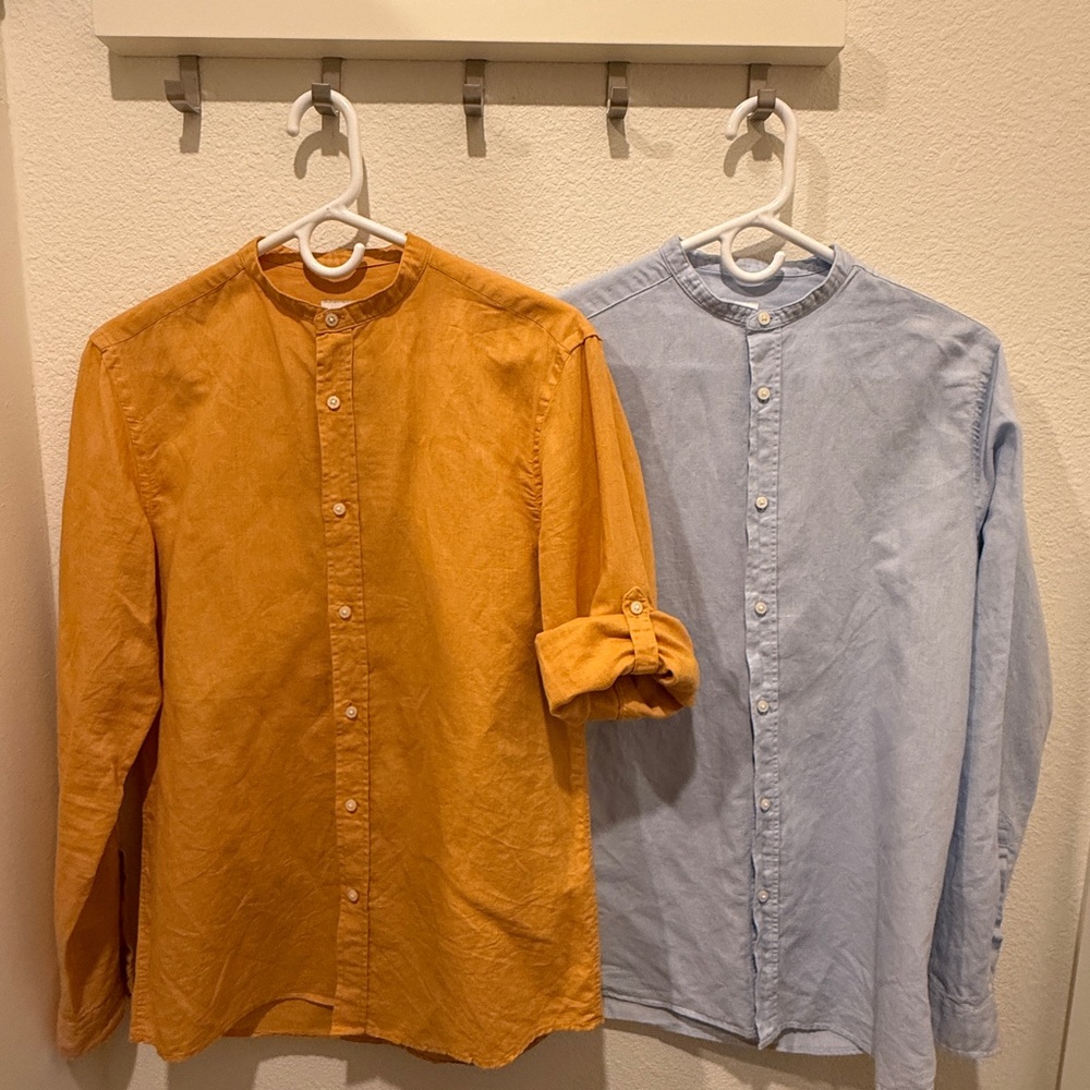 Zara Men's Casual Button-Down Shirts - Mustard and Light Blue